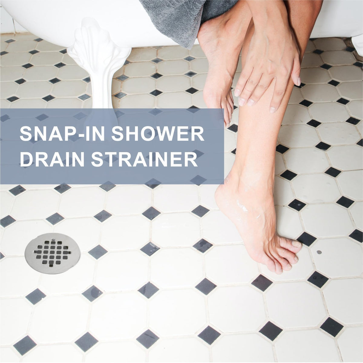 HIDROP snap-in shower drain cover demonstrates quick, tool-free installation.