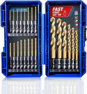 Highfire 22-piece hex shank drill bit set in blister case for quick metal drilling.