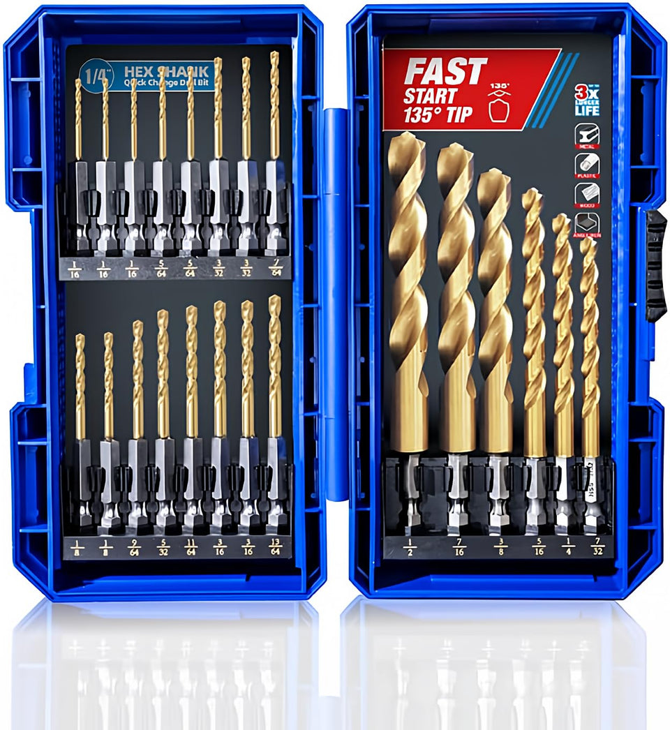 Highfire 22-piece hex shank drill bit set in blister case for quick metal drilling.