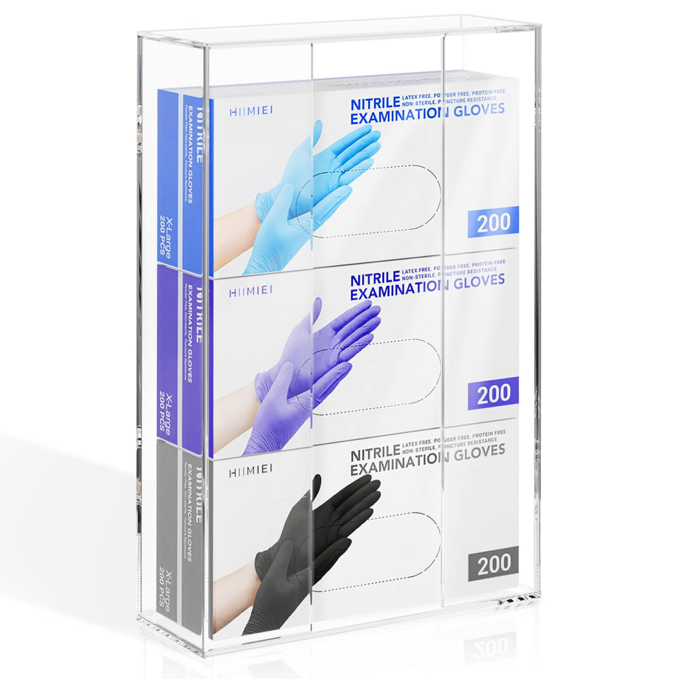 HIIMIEI acrylic glove dispenser wall mount front view showing three-box capacity for easy access