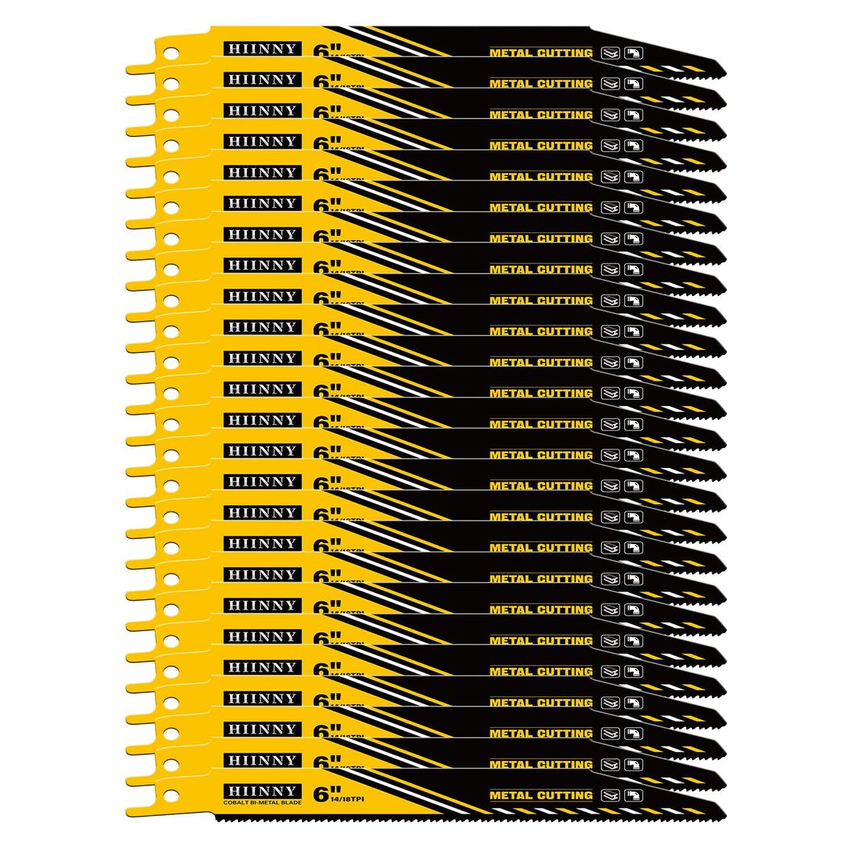Hiinny 25-pack bi-metal blades with case for portable metal cutting.