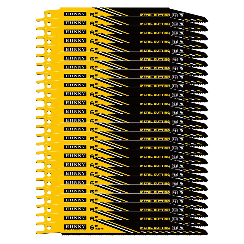 Hiinny 25-pack bi-metal blades with case for portable metal cutting.