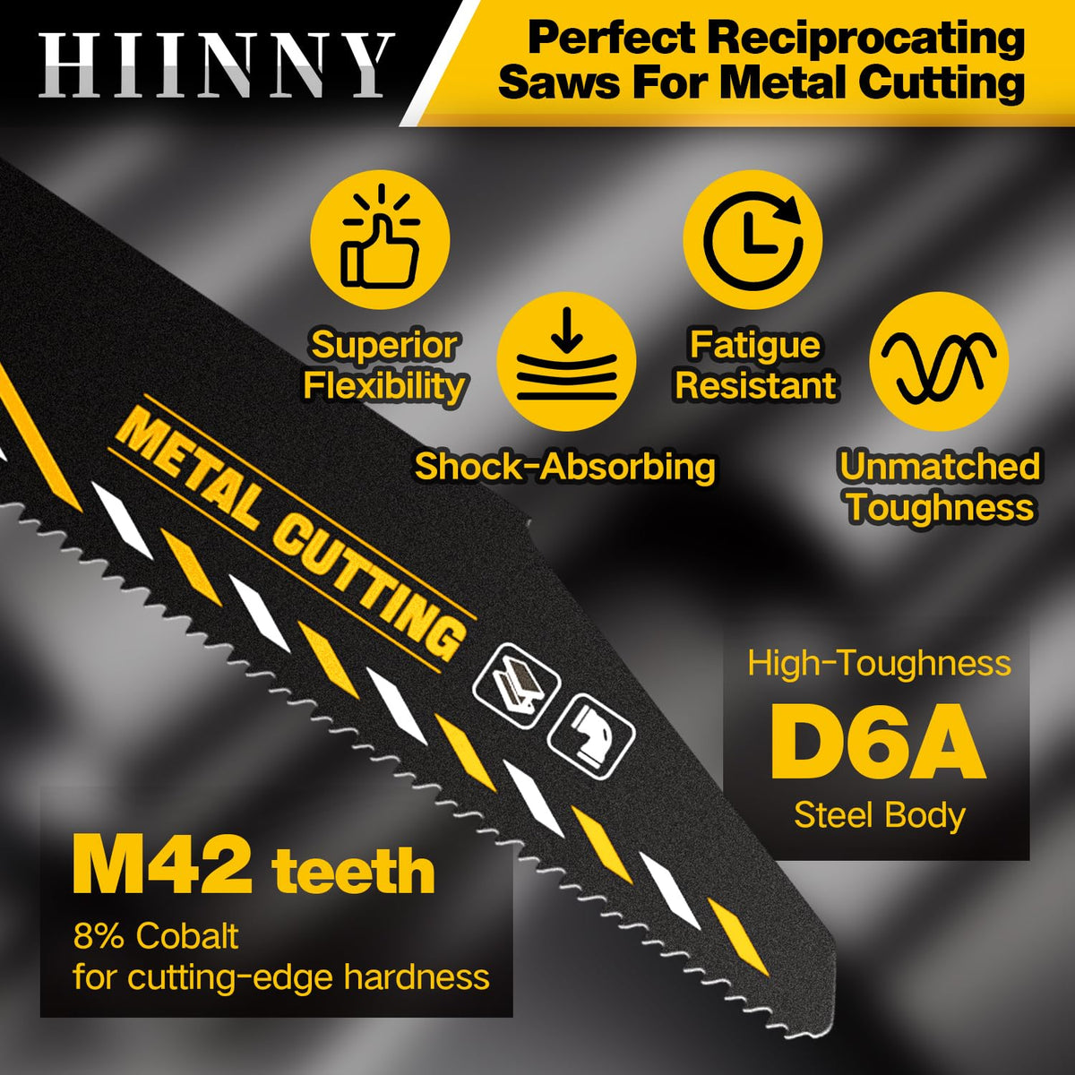 Hiinny blades cutting stainless steel pipes and sheet metal.