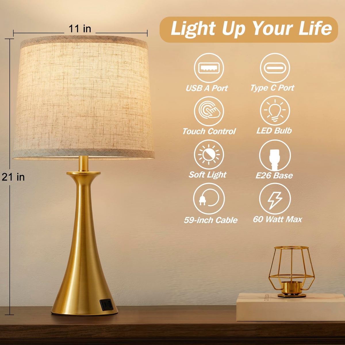 Hikczc set of 2 gold table lamps on a living room shelf, elegant ambiance.