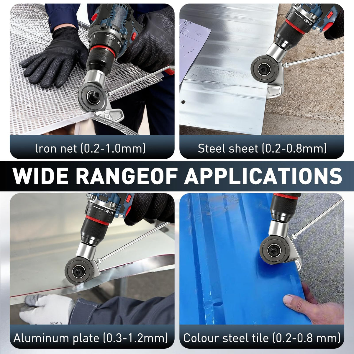 Hilandkom Metal Nibbler attached to a drill for quick setup and use
