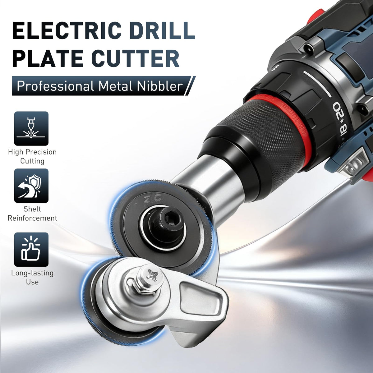 Hilandkom Metal Nibbler Drill Attachment side view highlighting reinforced head for durability