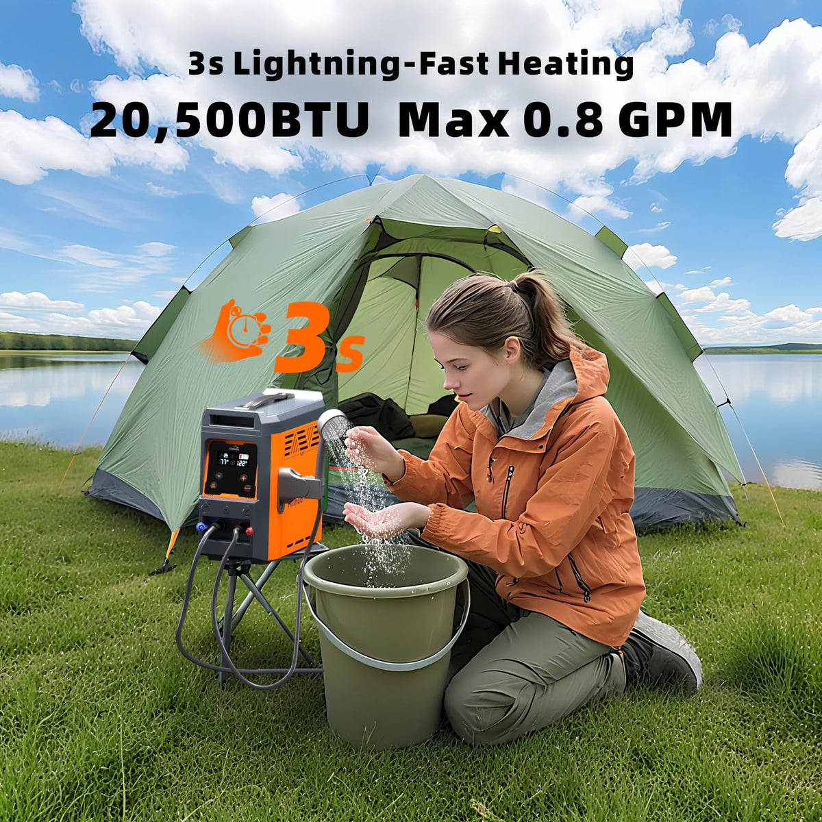 Hillhub instant hot water 3s delivers quick showers outdoors.