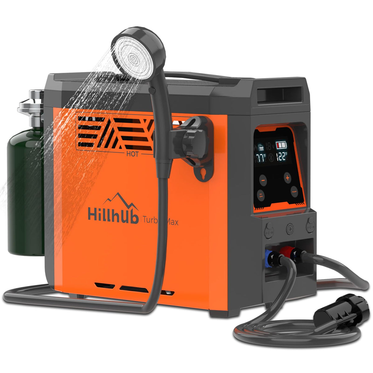 Hillhub portable propane water heater shows a compact design for camping.