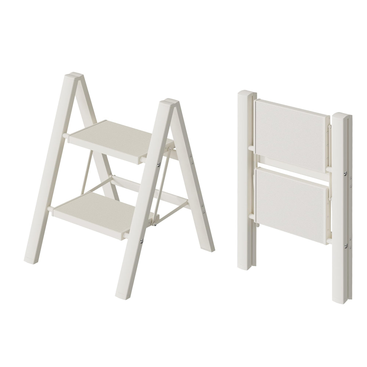 HillhutApex 2-step ladder folded compact for storage in small spaces.