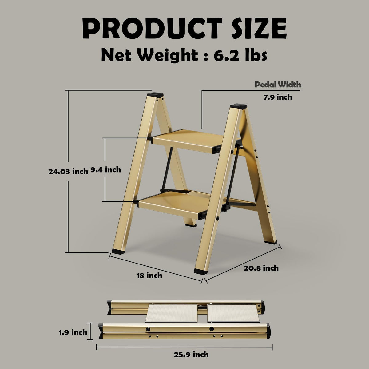 HillhutApex 2 Step Stool gold finish emphasizes stylish kitchen and home decor.