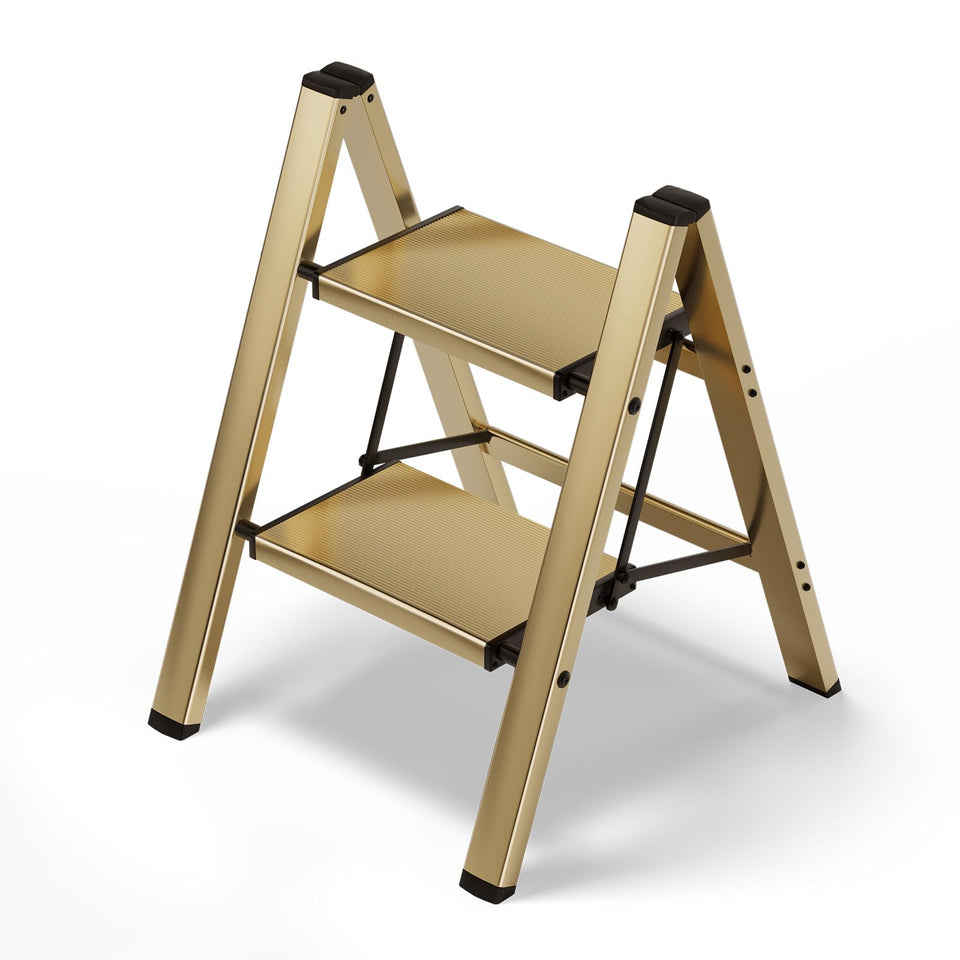 HillhutApex 2 Step Stool open position shows sturdy aluminum construction for home use.