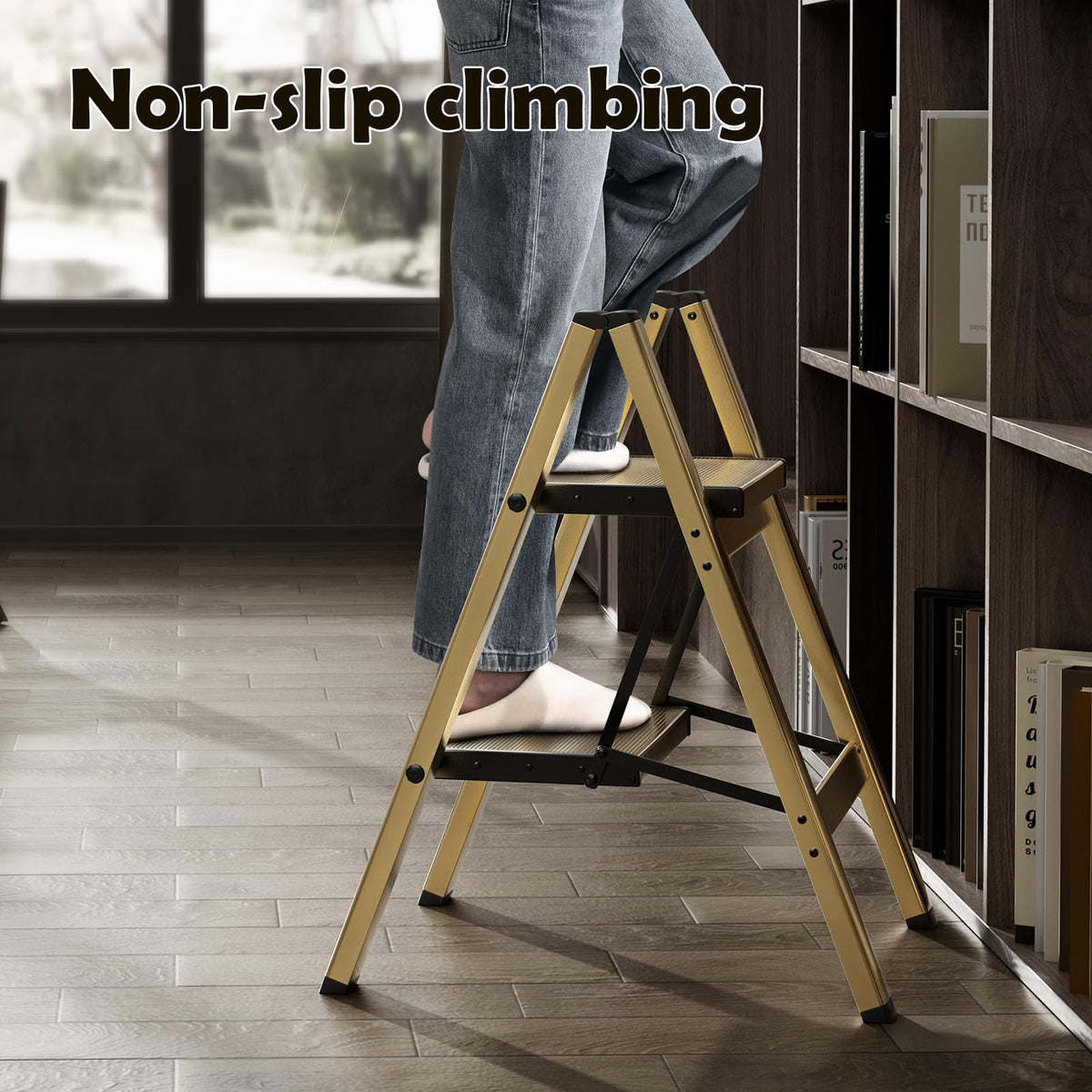 HillhutApex 2 Step Stool wide non-slip pedals provide secure footing.