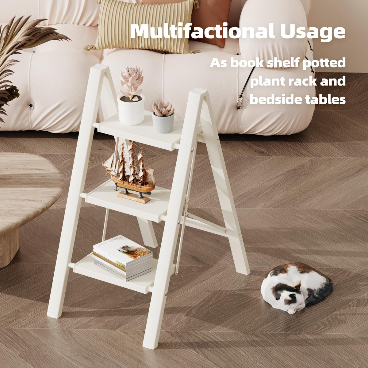 HillhutApex 3-Step Ladder folded compactly for easy storage in tight spaces