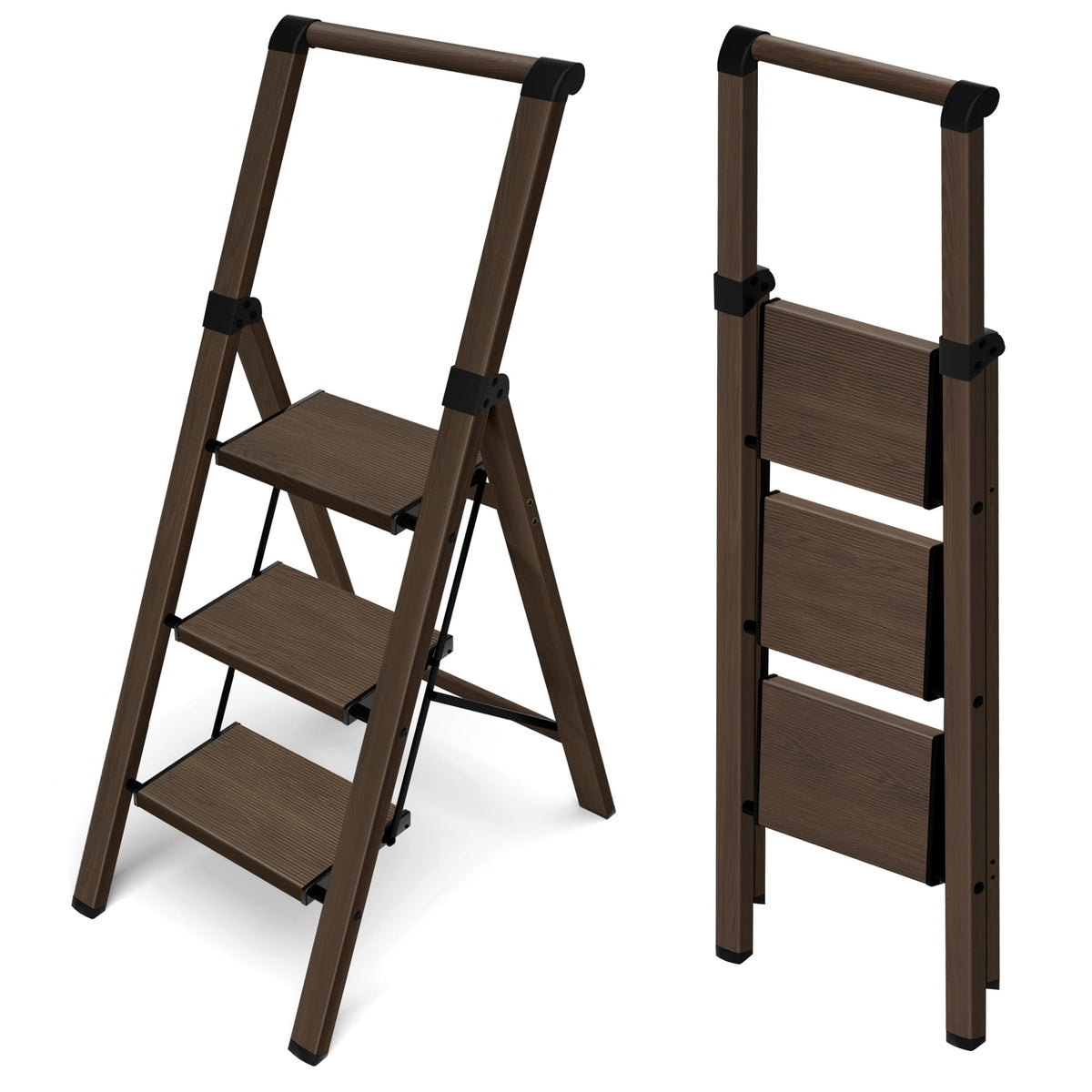 HillhutApex 3-step ladder opened for tall shelf reach with stable stance.