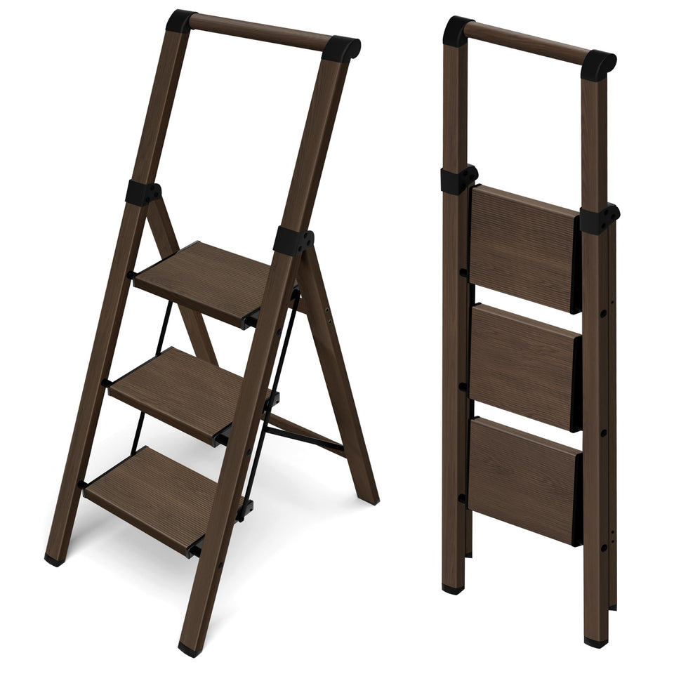 HillhutApex 3-step ladder opened for tall shelf reach with stable stance.
