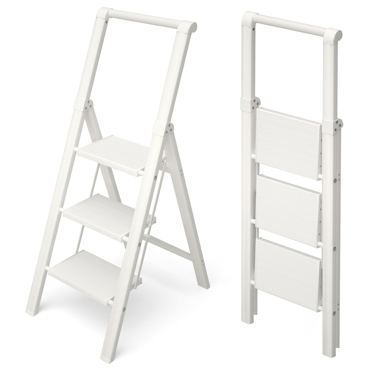 HillhutApex foldable ladder opened for high shelf access and reach