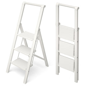 HillhutApex foldable ladder opened for high shelf access and reach