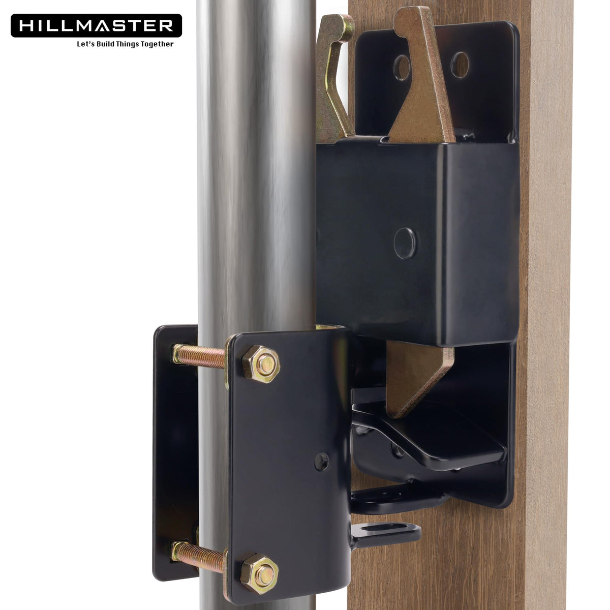 Hillmaster latch on farm fence aids livestock security and access.