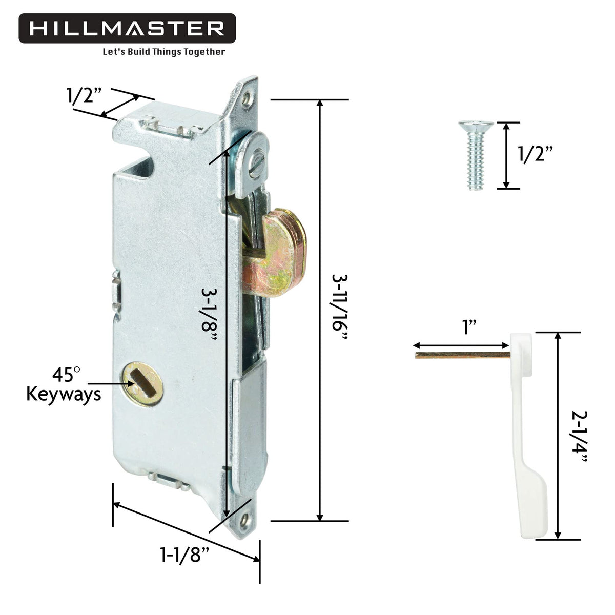 Hillmaster 45-degree mortise lock component showing secure latch alignment.