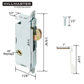Hillmaster 45-degree mortise lock component showing secure latch alignment.