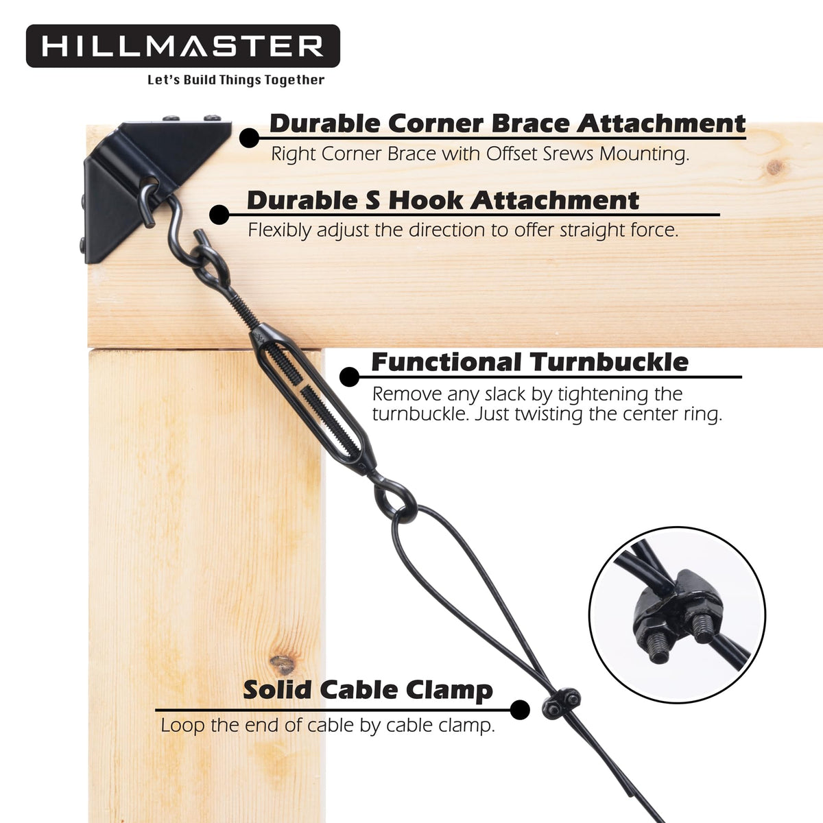 Hillmaster gate kit corner brace reinforces outdoor gate corners.