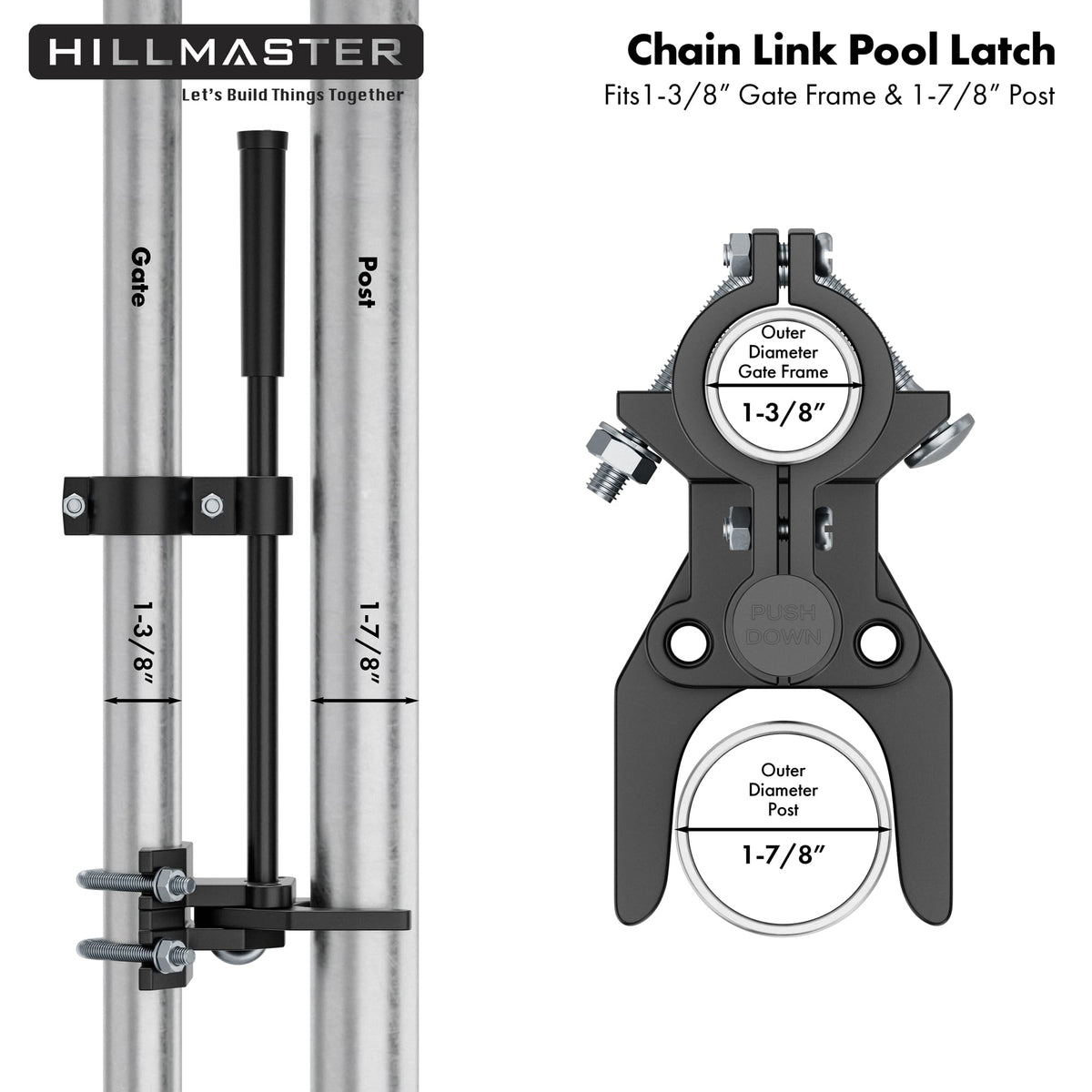 Hillmaster Auto Pool Latch installation guide shows easy setup with standard posts