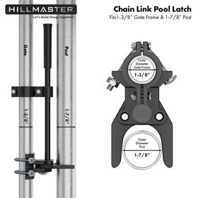 Hillmaster Auto Pool Latch installation guide shows easy setup with standard posts