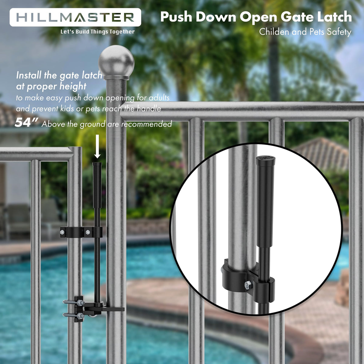 Hillmaster Auto Pool Latch push-action in-use on a gate for quick, reliable latching