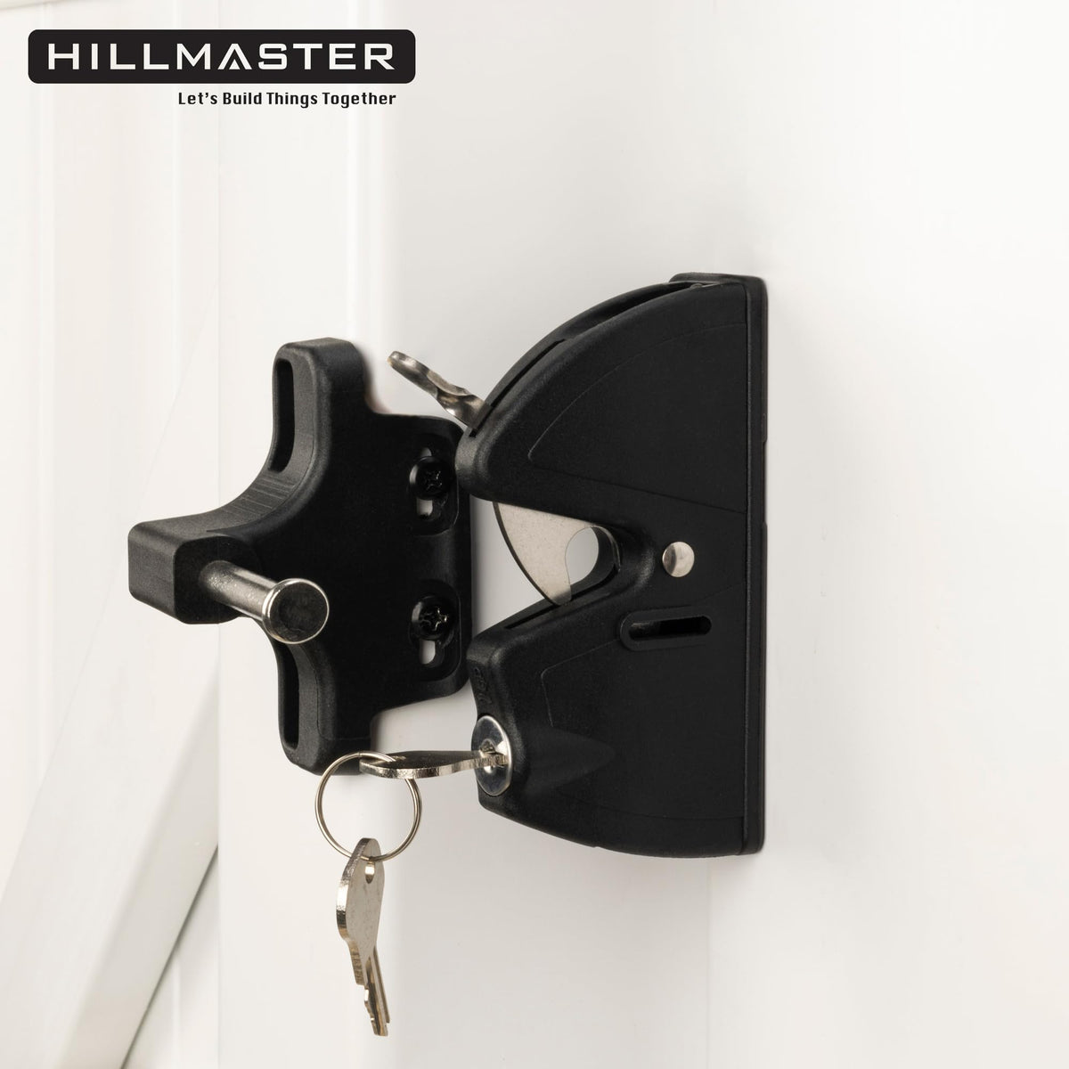 HILLMASTER black finish latch adds modern look while safeguarding gates.