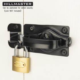 Hillmaster padlock-ready latch enhances security on sheds and fences.