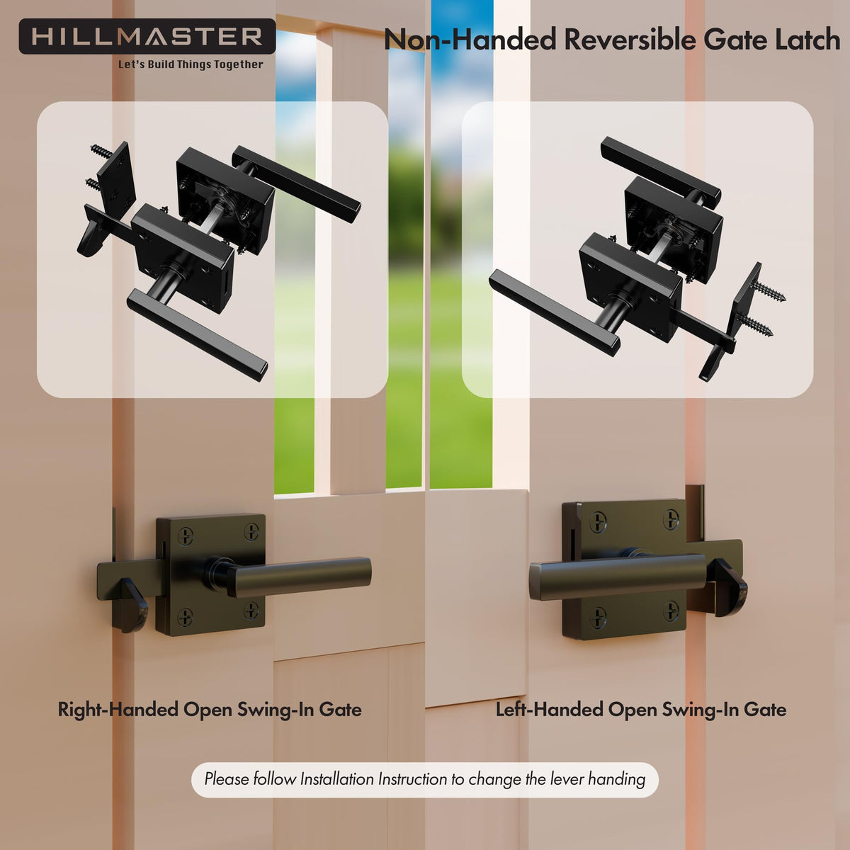 Hillmaster double-sided gate latch side view highlights easy interior and exterior access.
