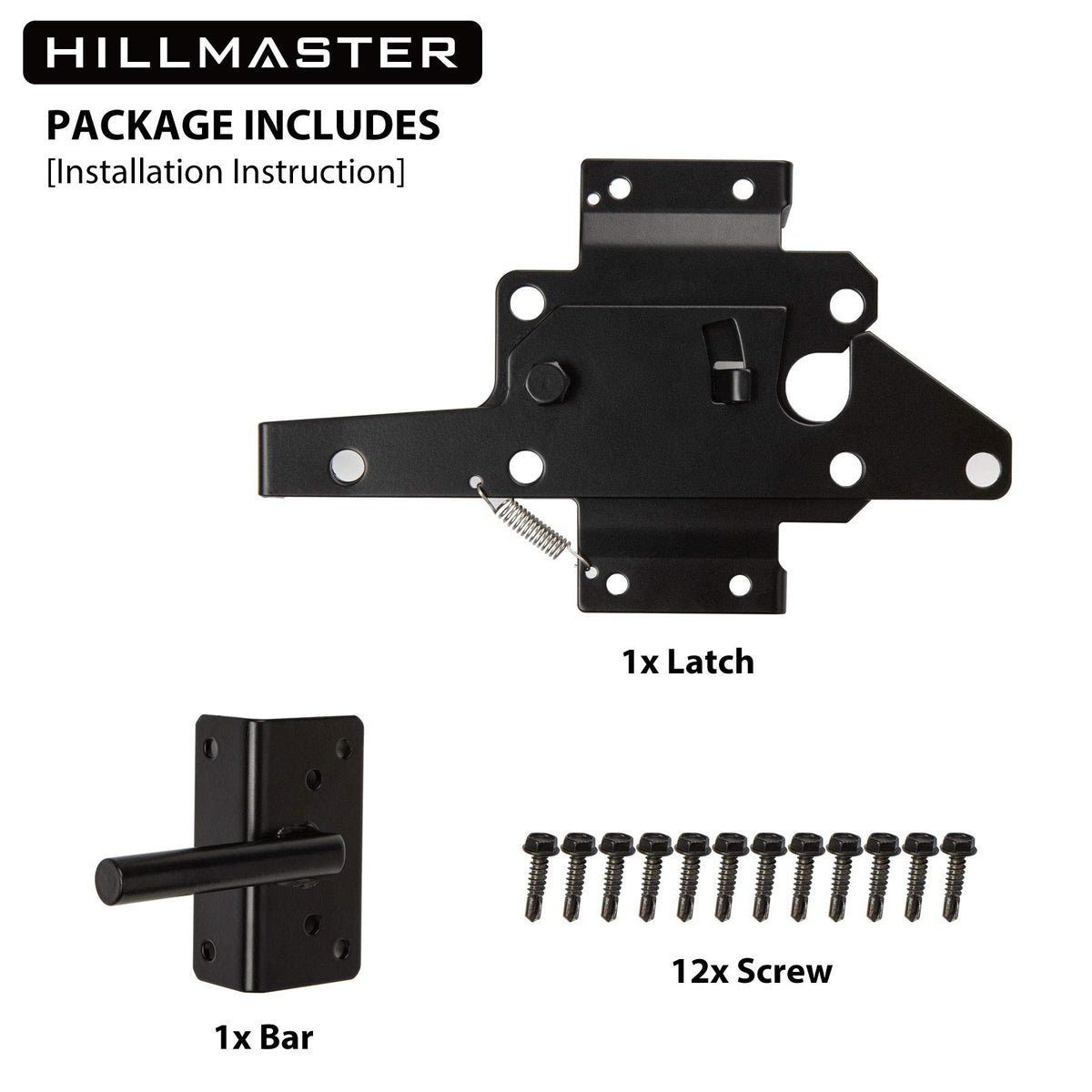 Hillmaster fence latch showing durable steel construction with black finish.