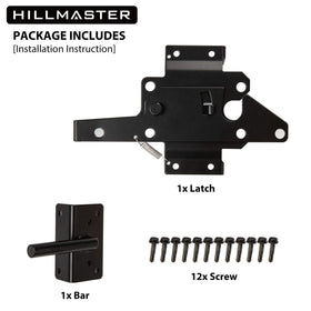 Hillmaster fence latch showing durable steel construction with black finish.