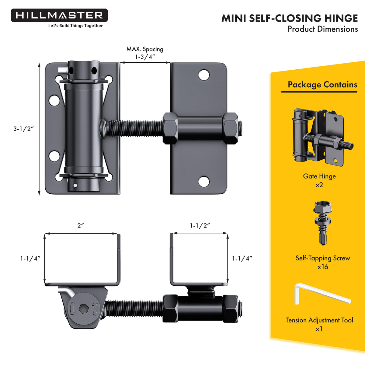 Hillmaster adjustable-tension hinge with tool supports precise closing for smooth, controlled gate movement.