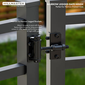 Hillmaster gate hinges allow 0.23–1.25 inch gap adjustments for precise alignment.