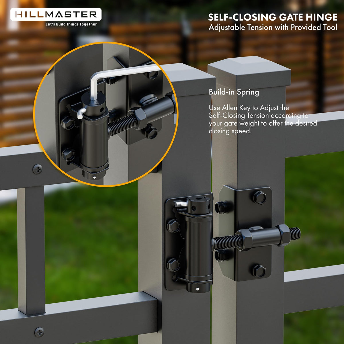 Hillmaster rust-proof, black-coated hinges resist weather for long-lasting outdoor gate performance.