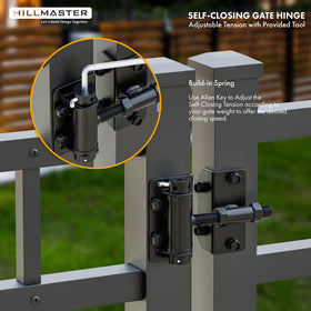 Hillmaster rust-proof, black-coated hinges resist weather for long-lasting outdoor gate performance.