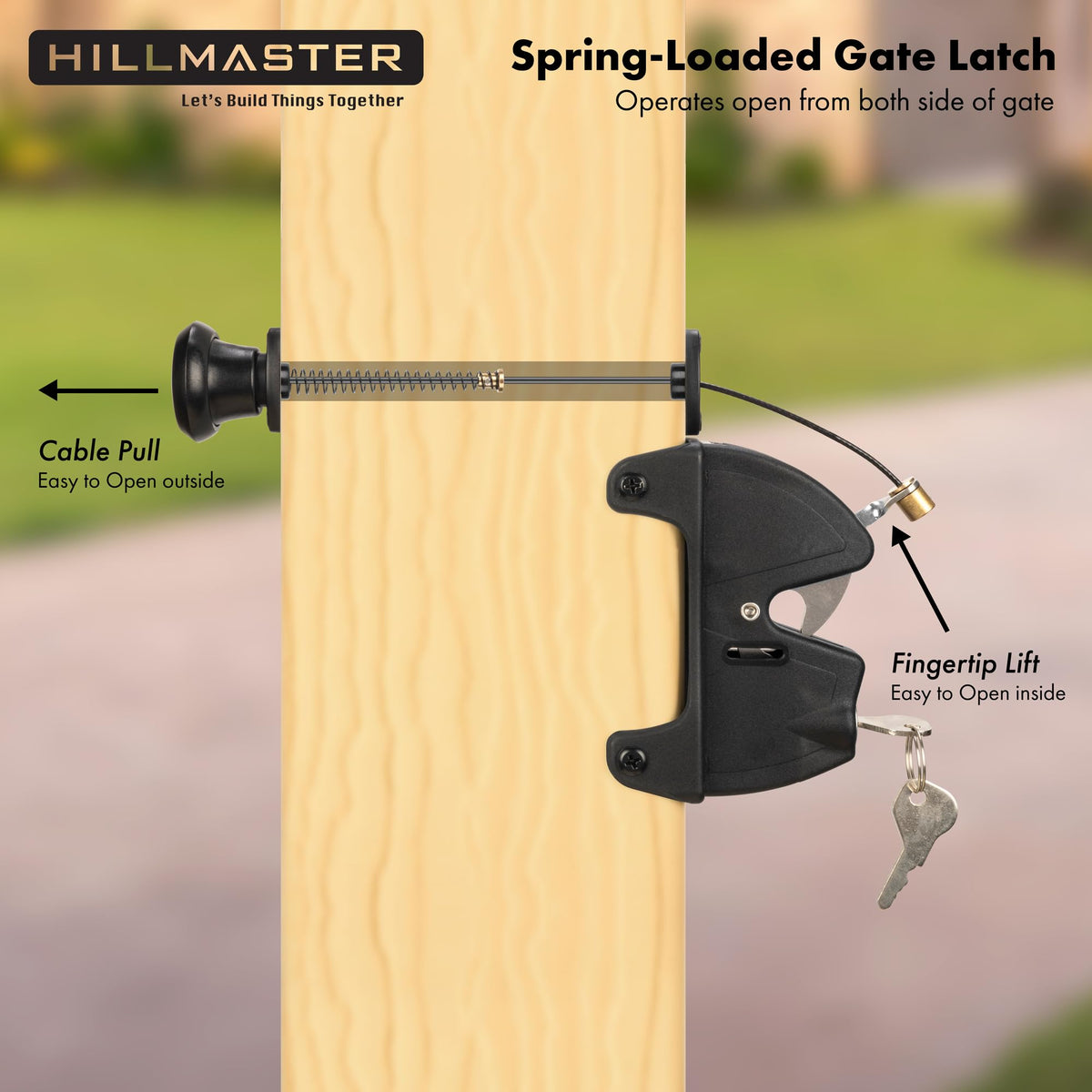 Hillmaster latch in black finish highlighting durable, weather-resistant materials.