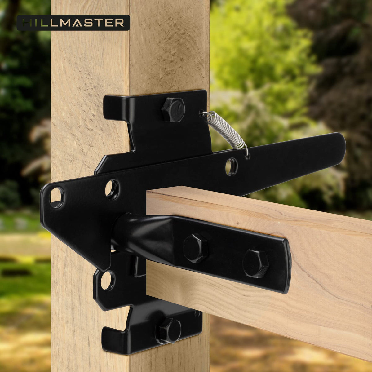 Hillmaster gate latch in use securing a deck gate.