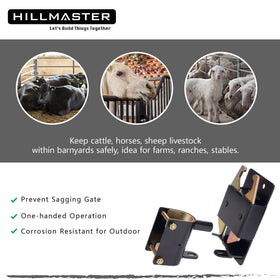 Hillmaster gate latch installed on metal gate in ranch setting.