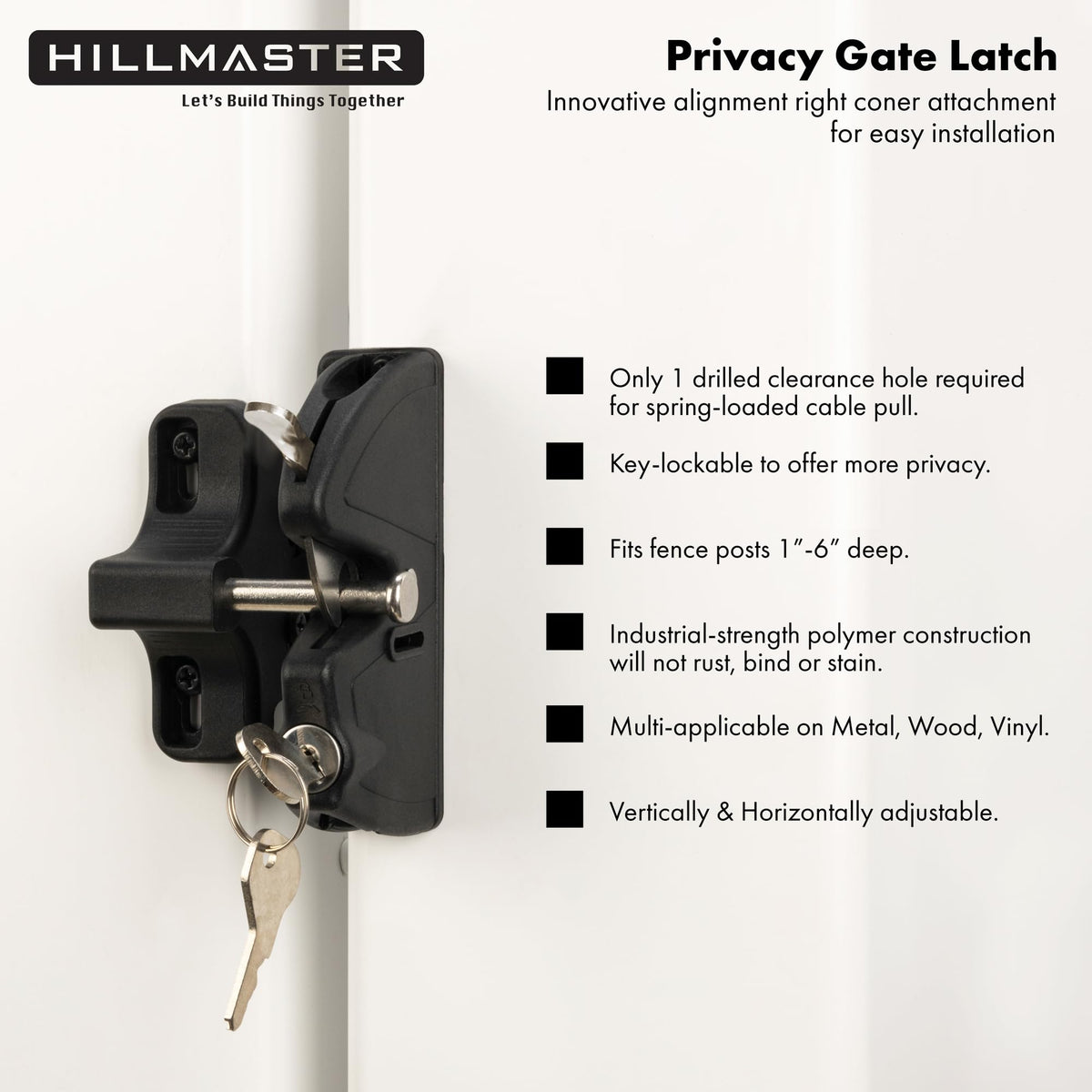 HILLMASTER latch showing keyed access for secure gate control.