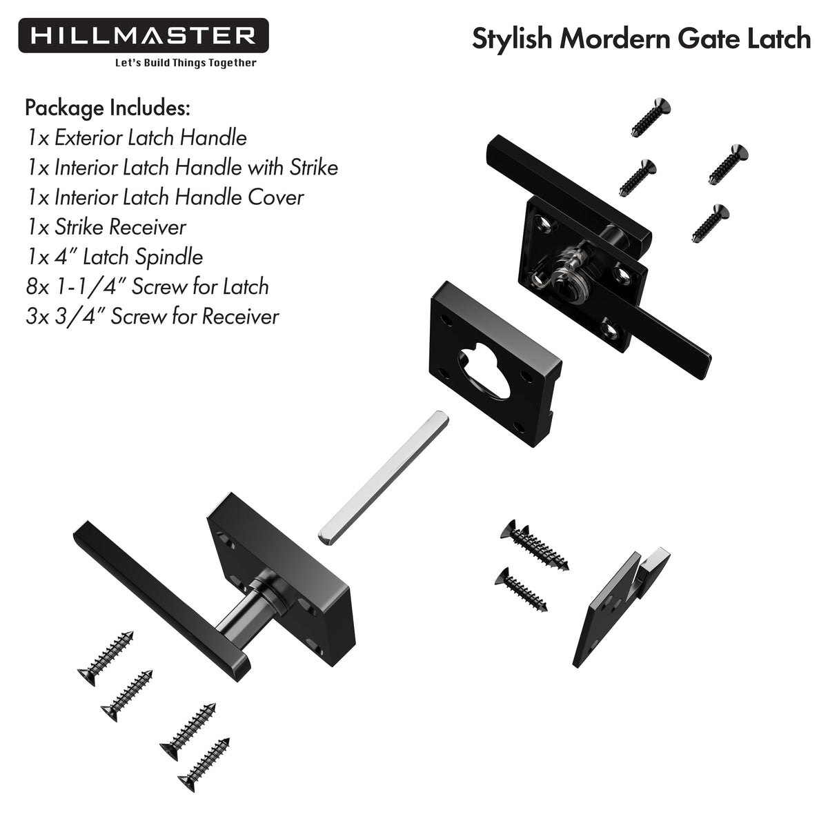 Hillmaster latch packaged with screws and installation guide for quick setup.