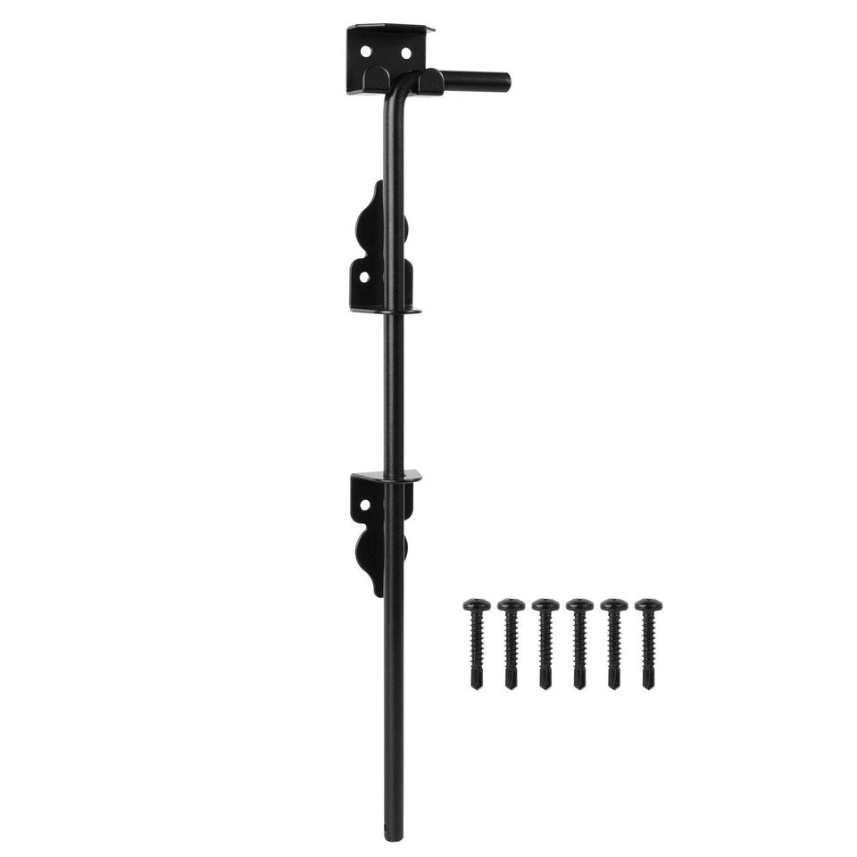 HILLMASTER heavy-duty cane bolt 18-inch secures a wood gate against wind.