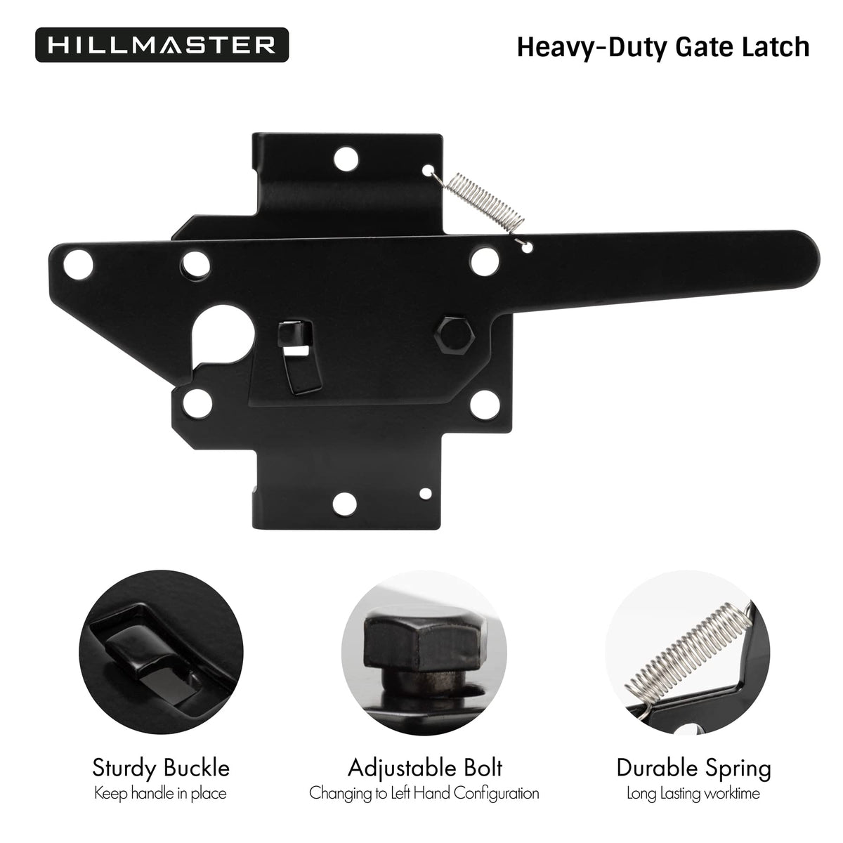 Hillmaster latch strike setup mounted on gate for easy operation.