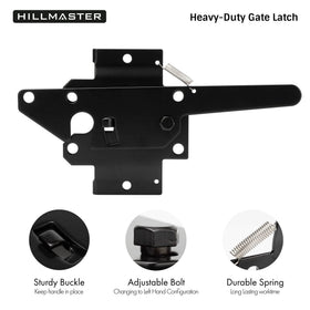 Hillmaster latch strike setup mounted on gate for easy operation.
