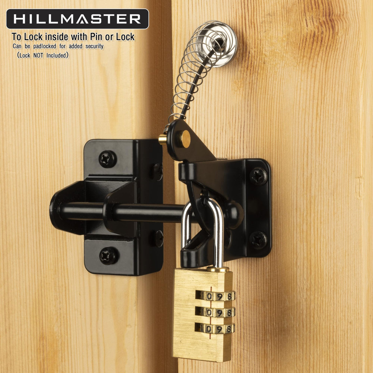Hillmaster heavy-duty latch with black finish for durable outdoor use.
