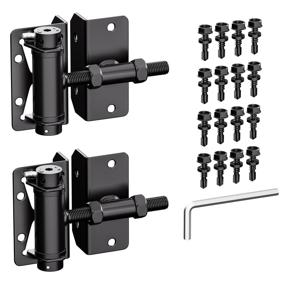 Hillmaster heavy-duty self-closing gate hinges pair for reliable swing on metal, wood, or vinyl gates.