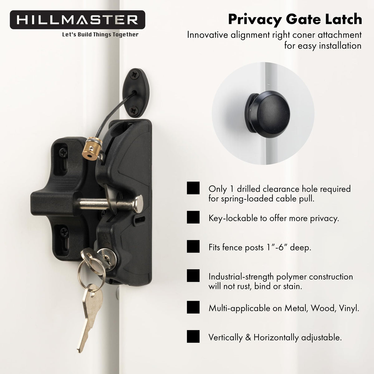 Hillmaster gate latch close-up shows rustproof surface and premium stainless steel build.