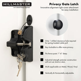 Hillmaster gate latch close-up shows rustproof surface and premium stainless steel build.