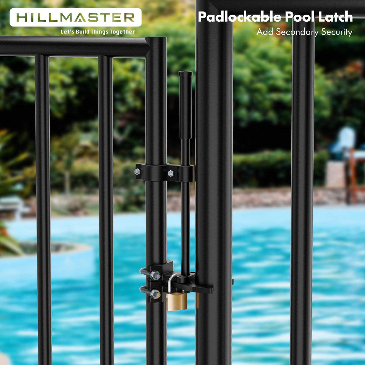 Hillmaster pad-lockable pool gate latch at 45-degree angle for security